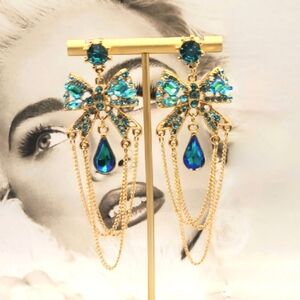 Vintage Signed Betsey Johnson Blue AB Crystal Bow Tassel Gold Earrings
